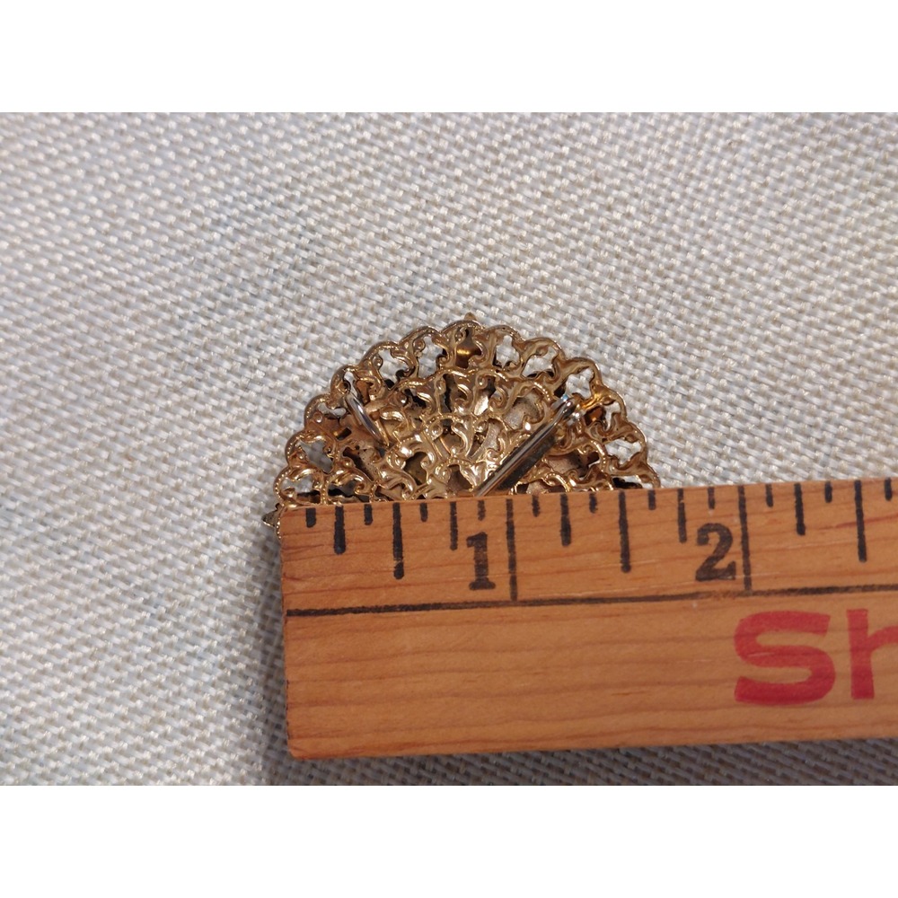 Black Cabochon Brooch Pendant Convertible Pin Faux Onyx Leaf Vintage Gold Tone - Picture 9 of 9
